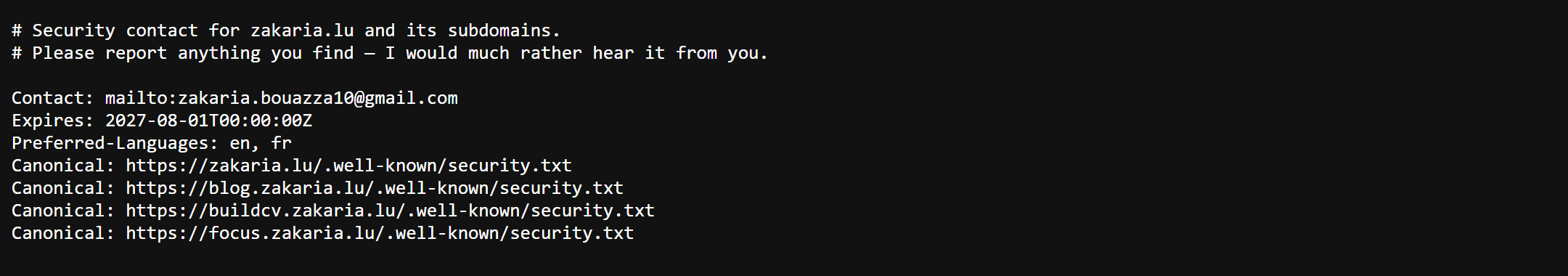 Browser showing the live security.txt at zakaria.lu with Contact, Expires, Preferred-Languages and four Canonical lines
