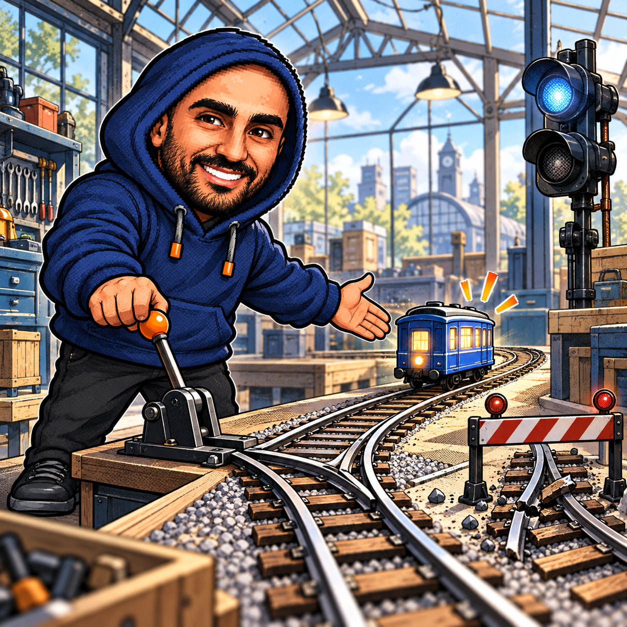 Zakaria’s navy-hoodie mascot selects an intact miniature railway route while a broken route remains blocked.