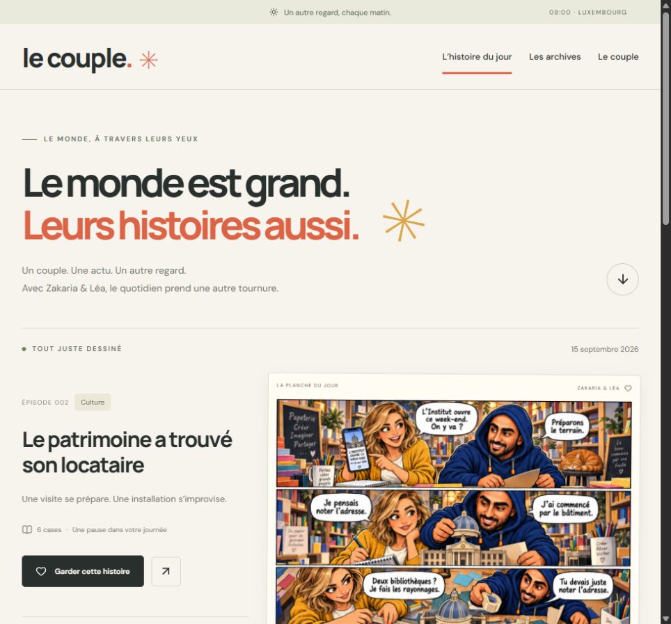 The live Le Couple homepage on 15 September 2026, showing the French introduction and the latest illustrated story.