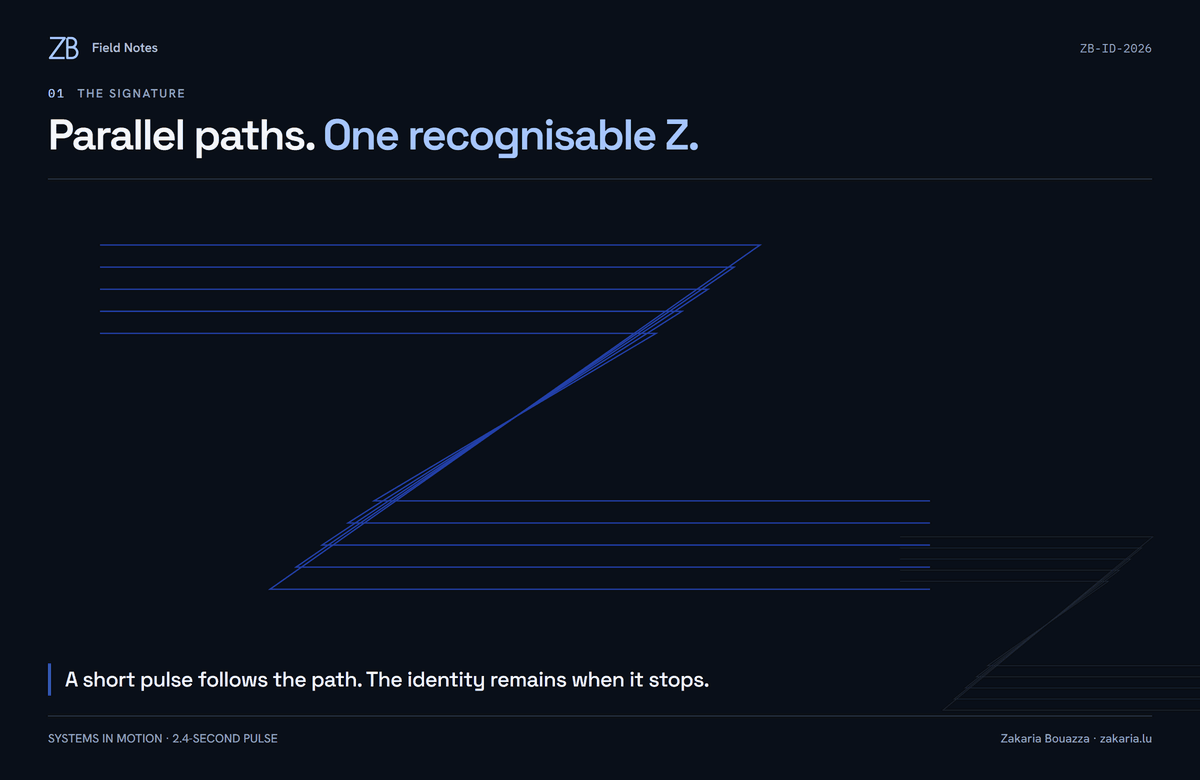Five electric-blue paths form a large Z while an ice-blue pulse travels across the middle path.