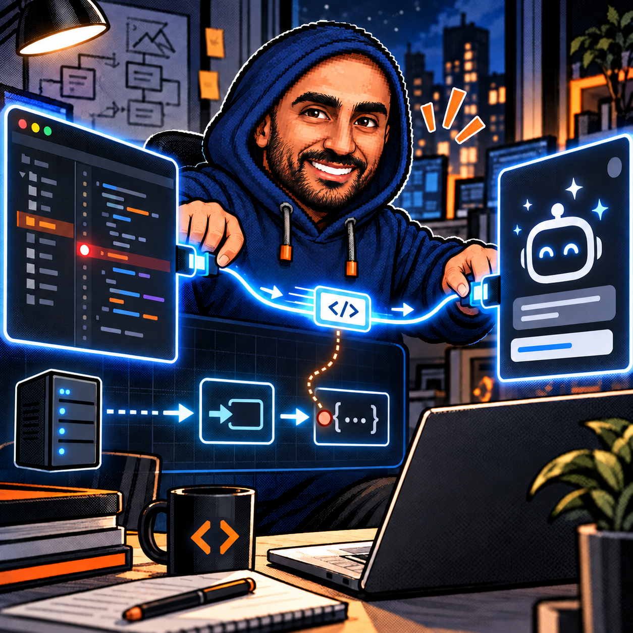 Zakaria's navy-hoodie mascot connecting a code editor and an AI tool panel through a glowing debugging link