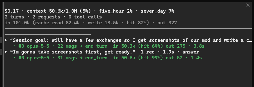 The harness-stats pane: cost, context, rate limits, totals, and two turns with one end_turn request each