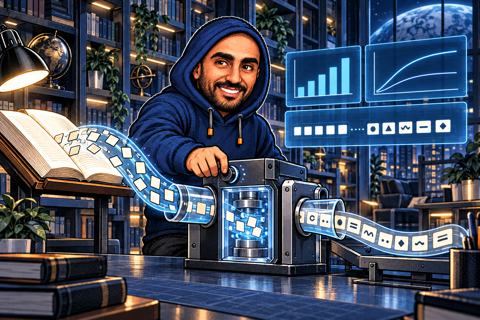 Zakaria's navy-hoodie mascot inspecting a book-to-token training apparatus in a futuristic library