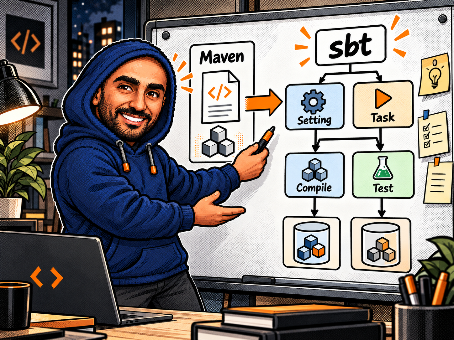 Zakaria at a whiteboard connecting Maven concepts to sbt settings, tasks, Compile and Test scopes