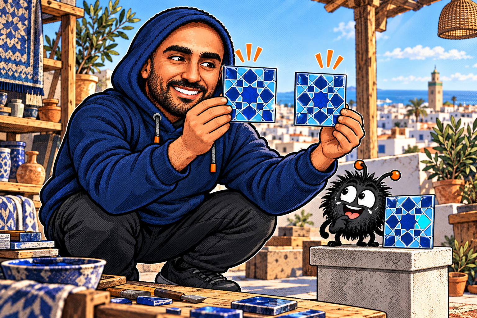 Zakaria compares two separate matching blue patterned tiles; a third tile beside him has one changed piece.