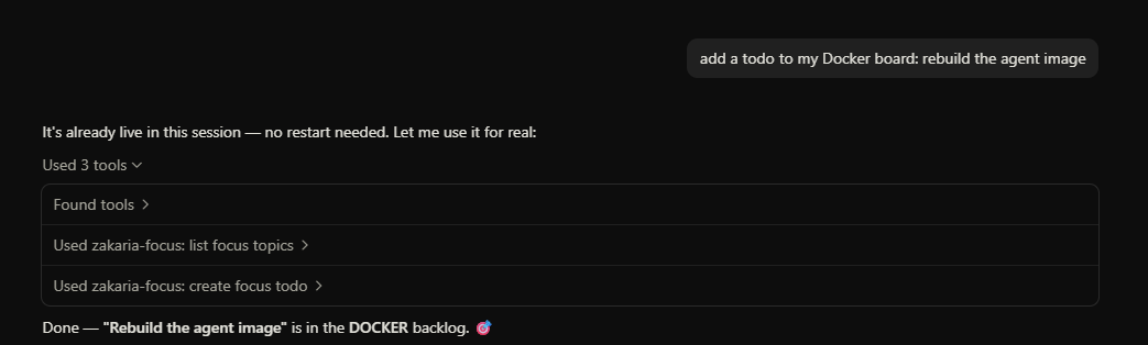 Asking the assistant to add a todo; it lists topics then creates the card