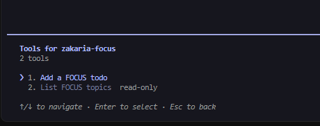 Tool list showing Add a FOCUS todo and List FOCUS topics marked read-only