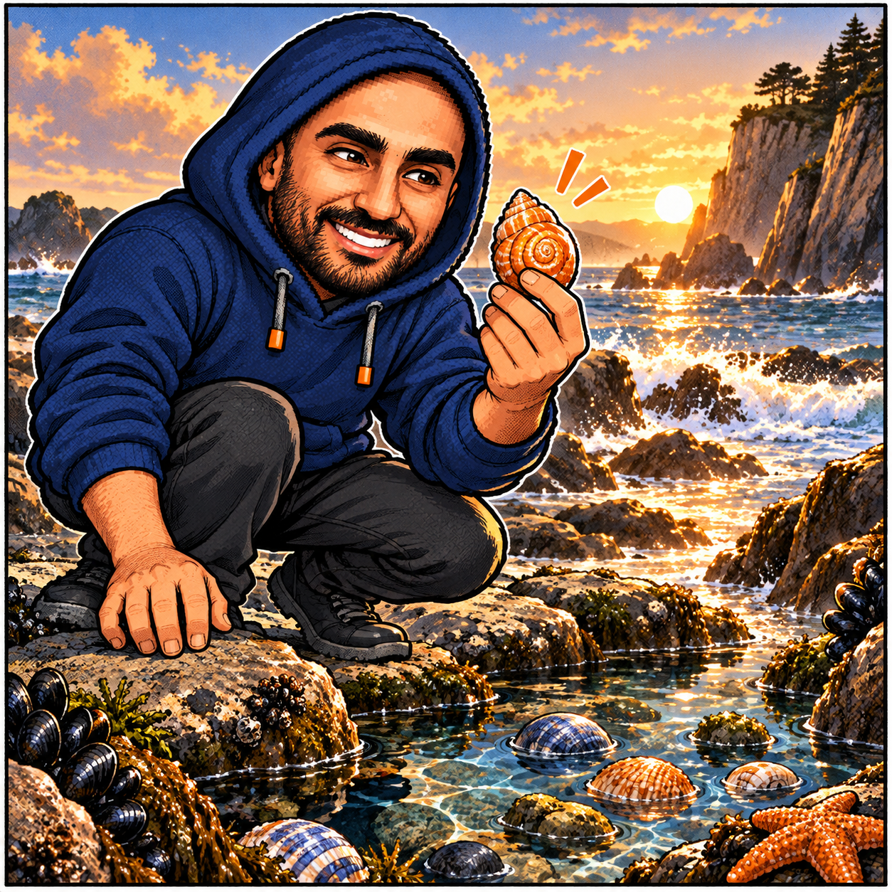 Zakaria's navy-hoodie mascot happily examining an orange shell beside a seaside tidepool