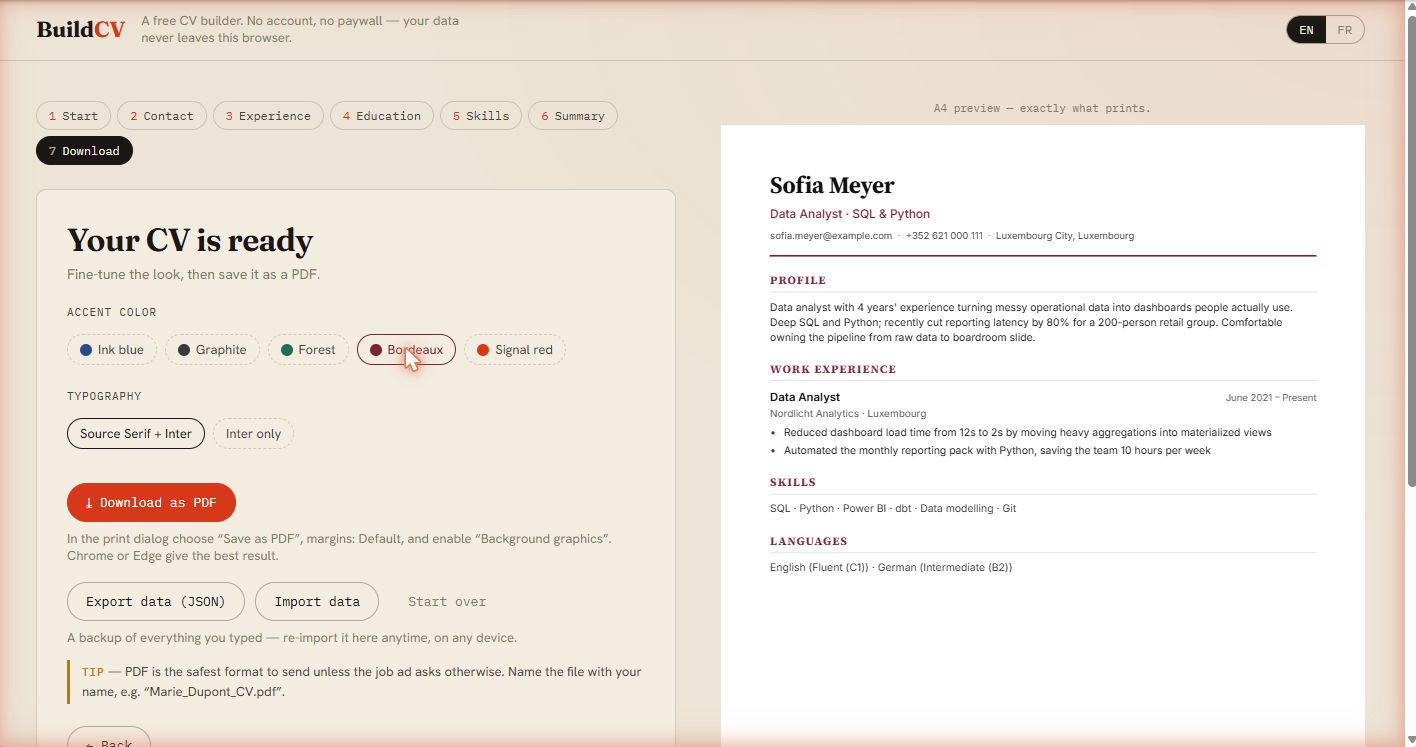 The same CV restyled with the Bordeaux accent in one click