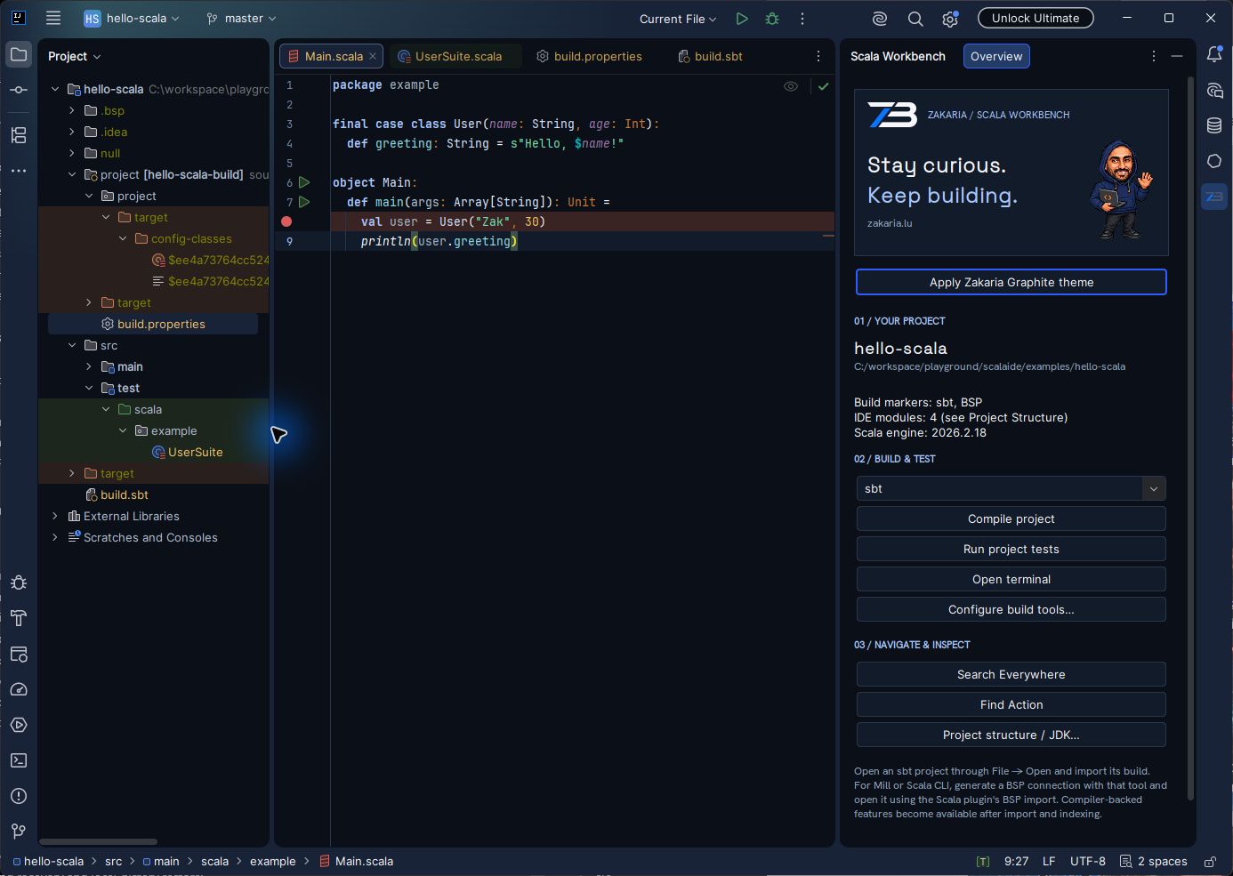Running Scala Workbench with Main.scala, the graphite editor, ZB monogram and Zakaria's hoodie mascot